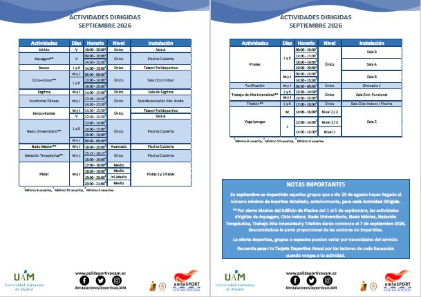 Actividades Dirigidas SEPTIEMBRE 2026 &iexcl;INSCRIPCIONES ABIERTAS!